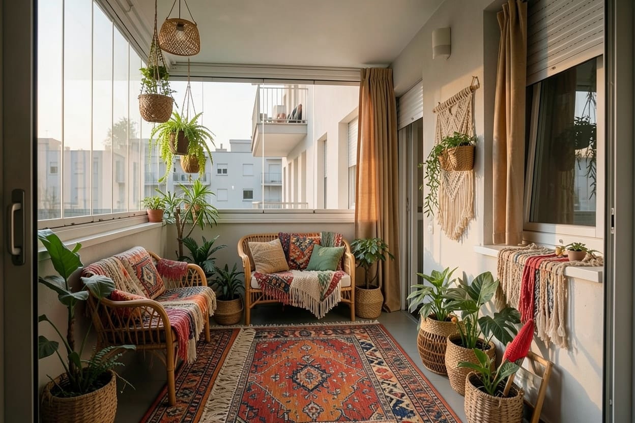 Aynı cam balkon bohem stilde: minderli alçak köşe sedir, jüt halı, çay masası, bitkiler ve fener