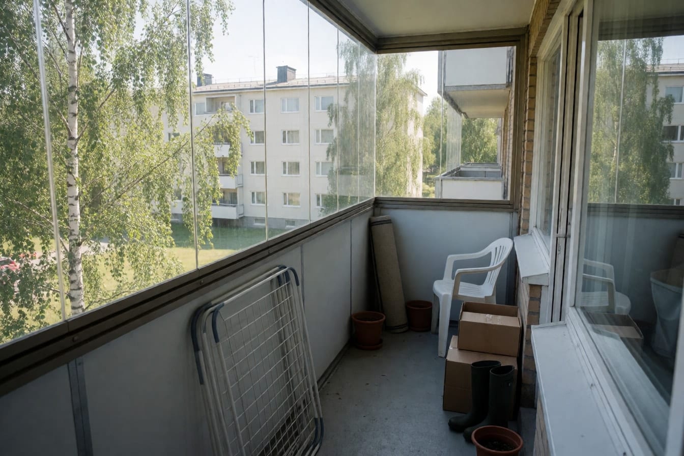 Kapea lasitettu kerrostaloparveke, jossa kuivausteline, muovituoli, pahvilaatikoita ja kumisaappaat