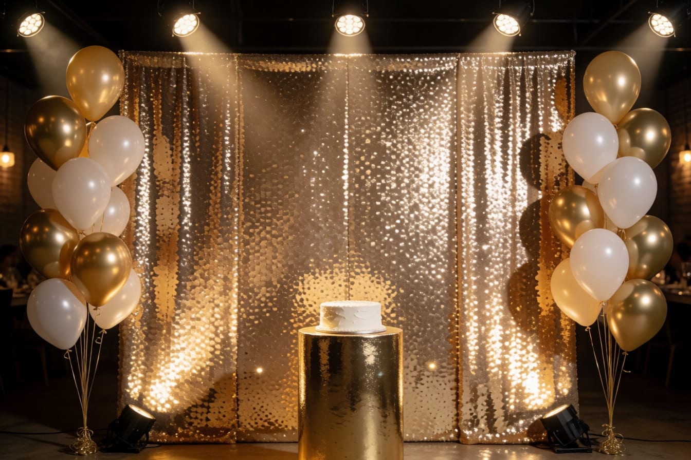 Shimmer wall ng gintong sequin na kumikinang sa spotlight, may kumpol ng ginto, champagne at puting lobo at cake sa gintong plinth