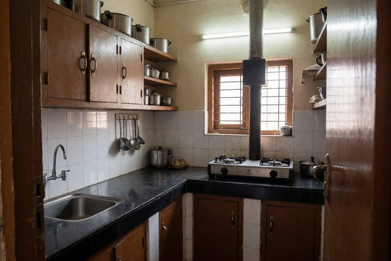 फ़्लैट की पुरानी रसोई: काला ग्रेनाइट प्लेटफ़ॉर्म, स्टील सिंक, गैस चूल्हा, चिमनी और लकड़ी के शटर