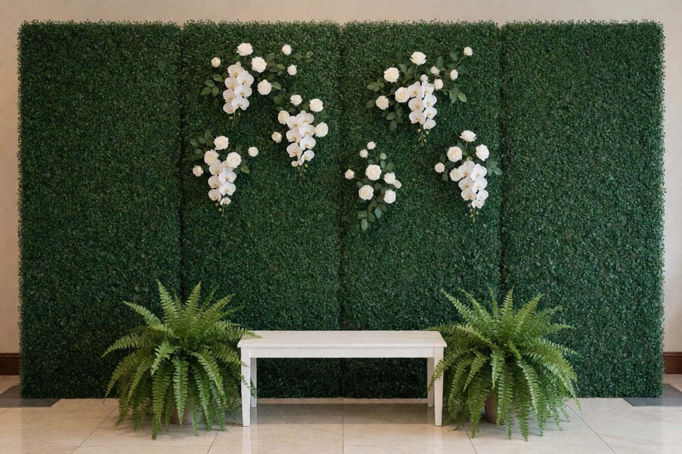 Backdrop na artificial na boxwood grass na may puting rosas at orchids, puting bangko at dalawang pako sa harap