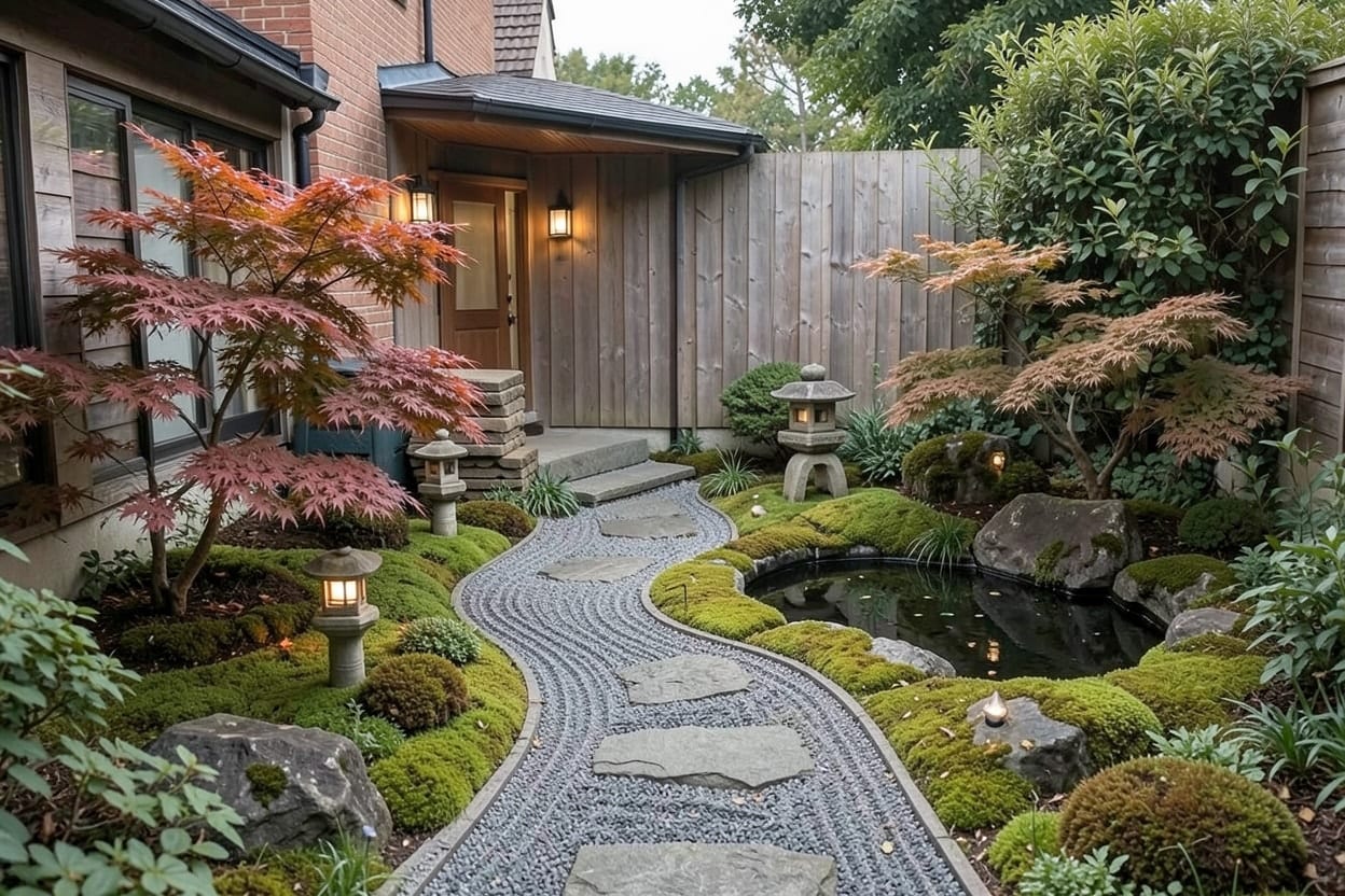 Samma hörn i japansk stil med krattat grus, stegplattor, en liten lönn och en låg träbänk