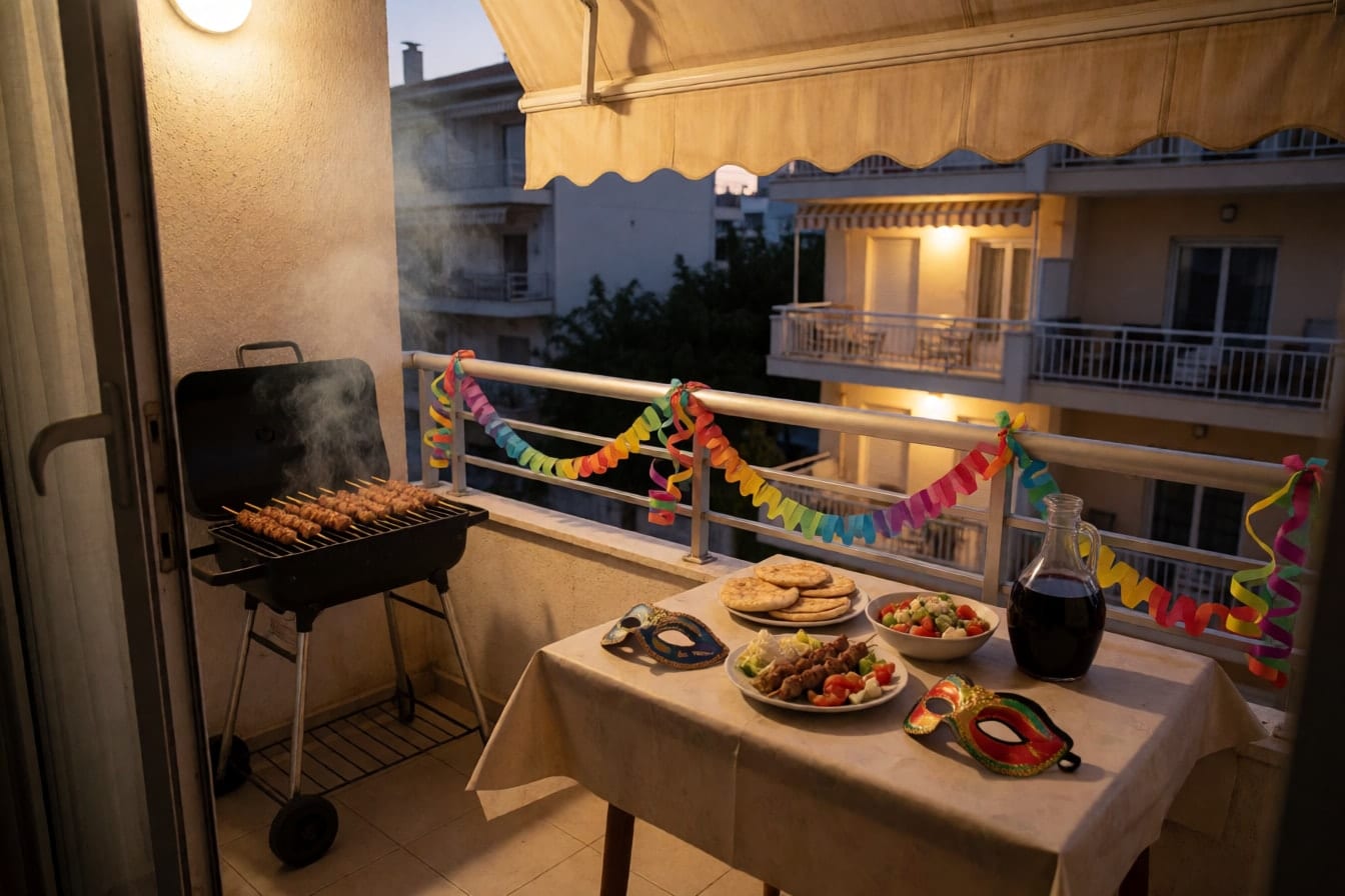 Μπαλκόνι το βράδυ με ψησταριά και σουβλάκια, τραπέζι με πίτες, χωριάτικη σαλάτα και κρασί, και πολύχρωμες σερπαντίνες στα κάγκελα