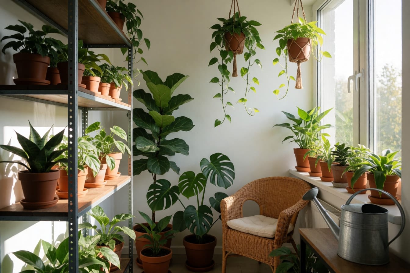 金属と木の棚に鉢植えが並び、床にモンステラと大きなフィカス、窓辺にじょうろがある日当たりのいい部屋
