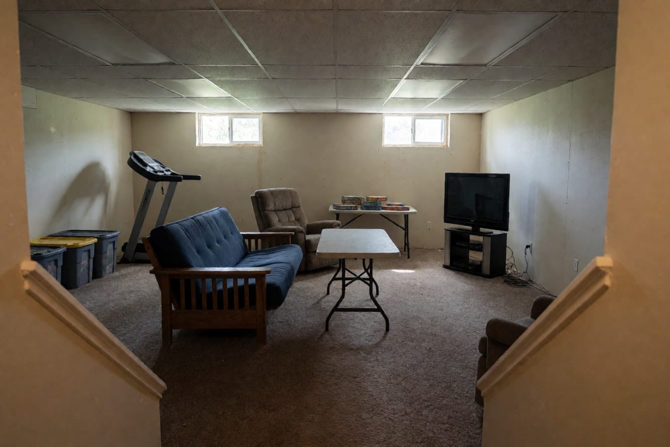 Sous-sol à moitié fini avec plafond suspendu, futon marine, vieux fauteuil inclinable, moquette rase brune et bacs de rangement