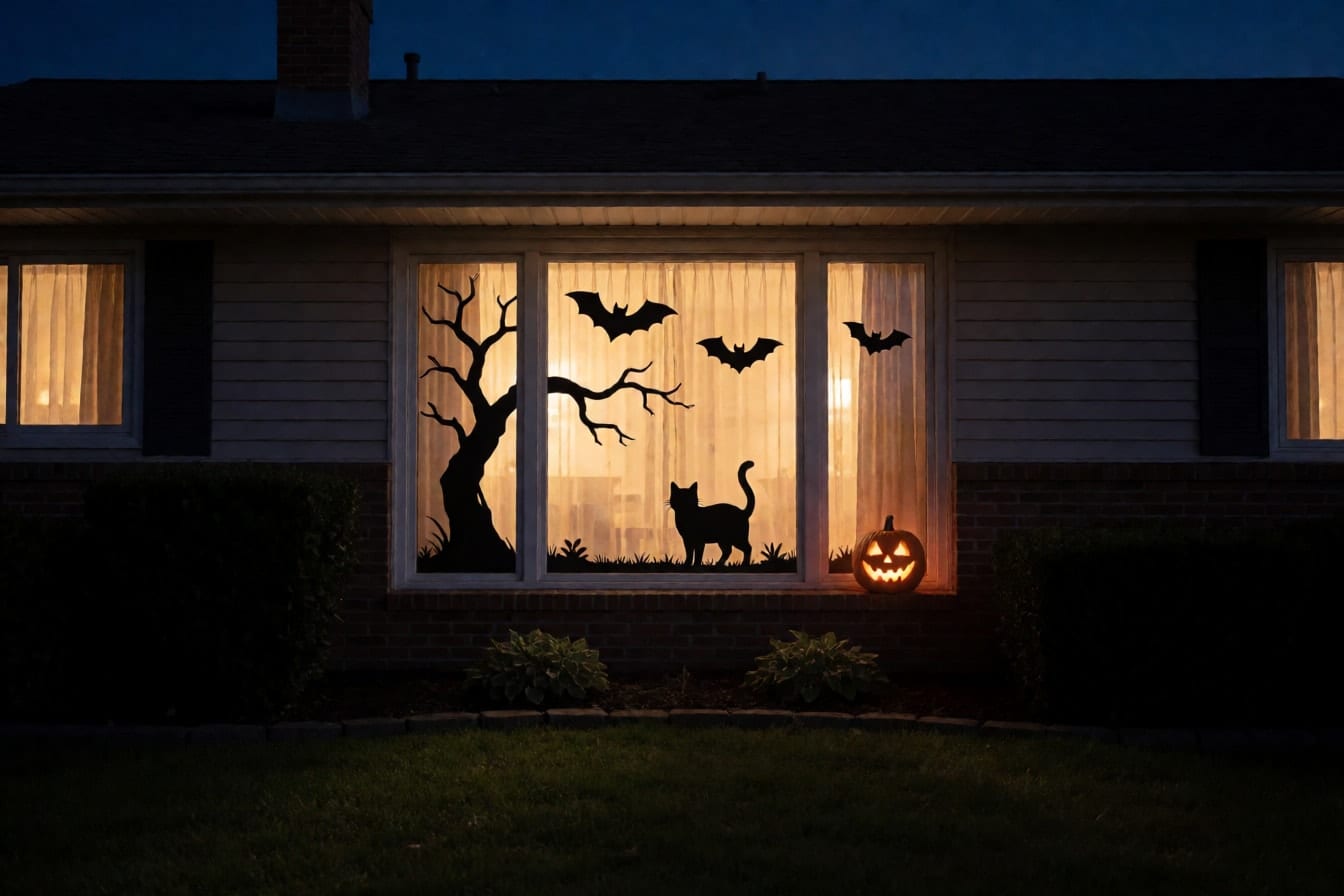 House windows at night with black bat, cat and tree silhouettes lit from behind by orange light