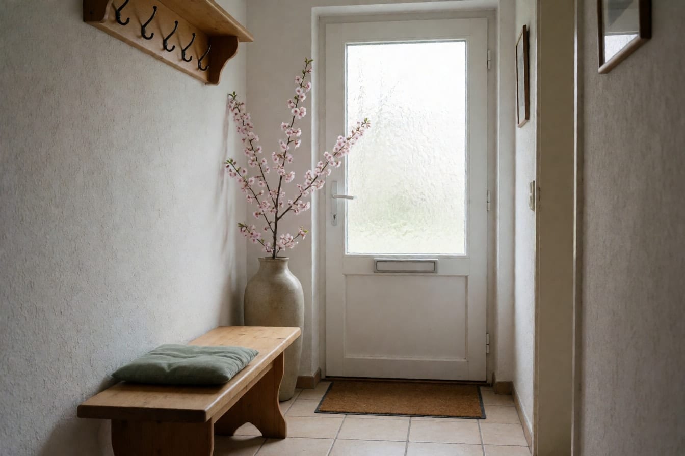 Schmaler Flur mit Holzbank, salbeigrünem Kissen und blühendem Kirschzweig in einer Keramikvase