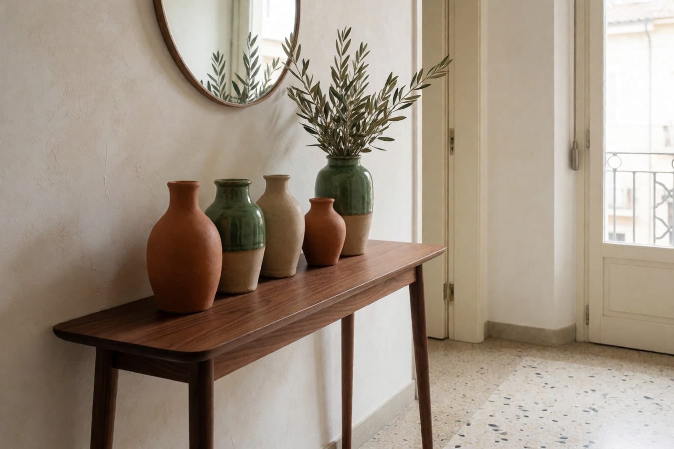 Una consolle in noce in un ingresso con parete a calce, vasi in ceramica terracotta, sabbia e verde smaltato e un pavimento alla veneziana