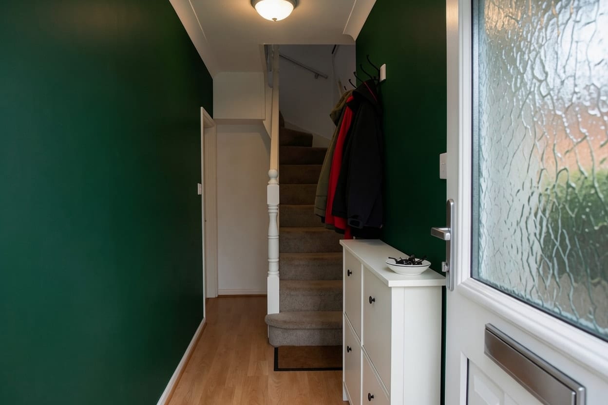 The same entrance hall with its walls painted deep green, the shoe cabinet, coats and stairs unchanged