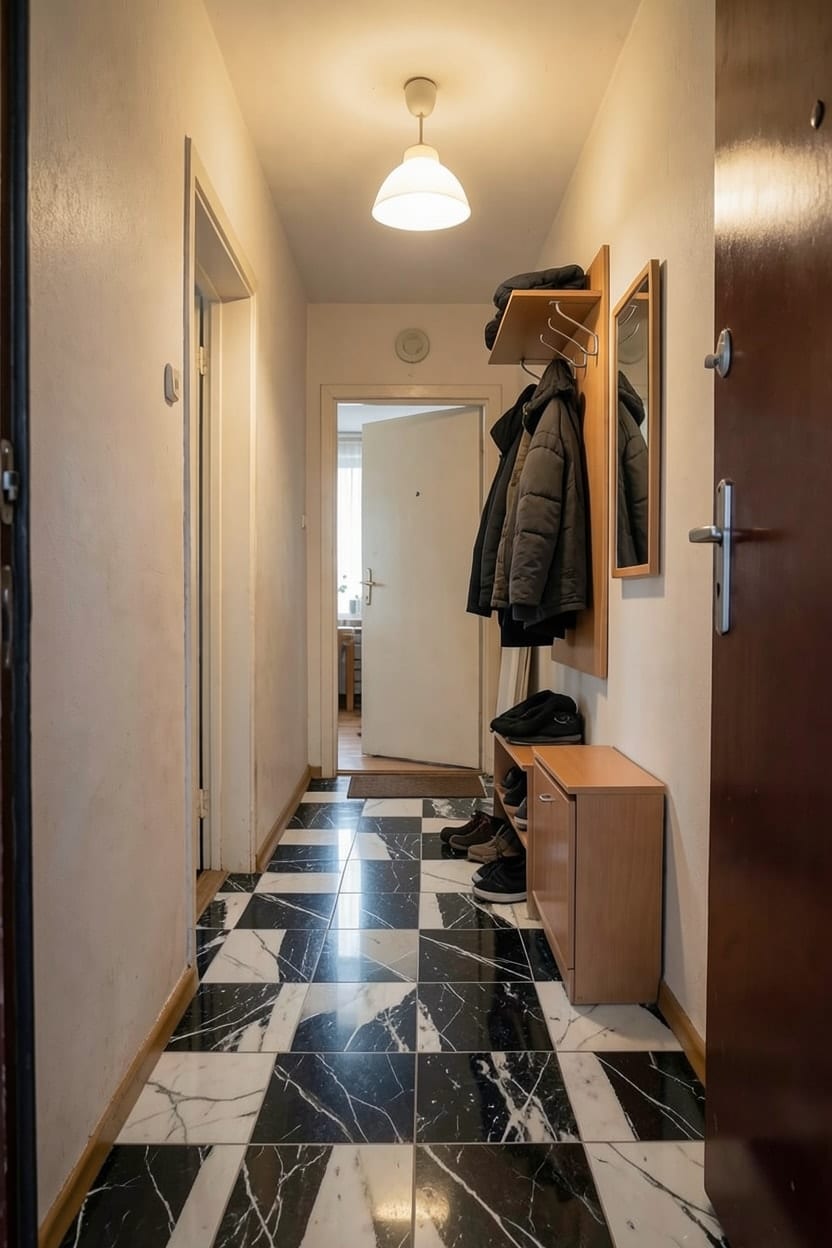 Dezelfde gang met een zwart-witte vloer in dambordpatroon