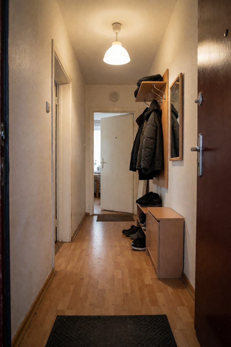 Een smalle gang met bekrast honingkleurig laminaat, een kapstok vol jassen en een schoenenkast