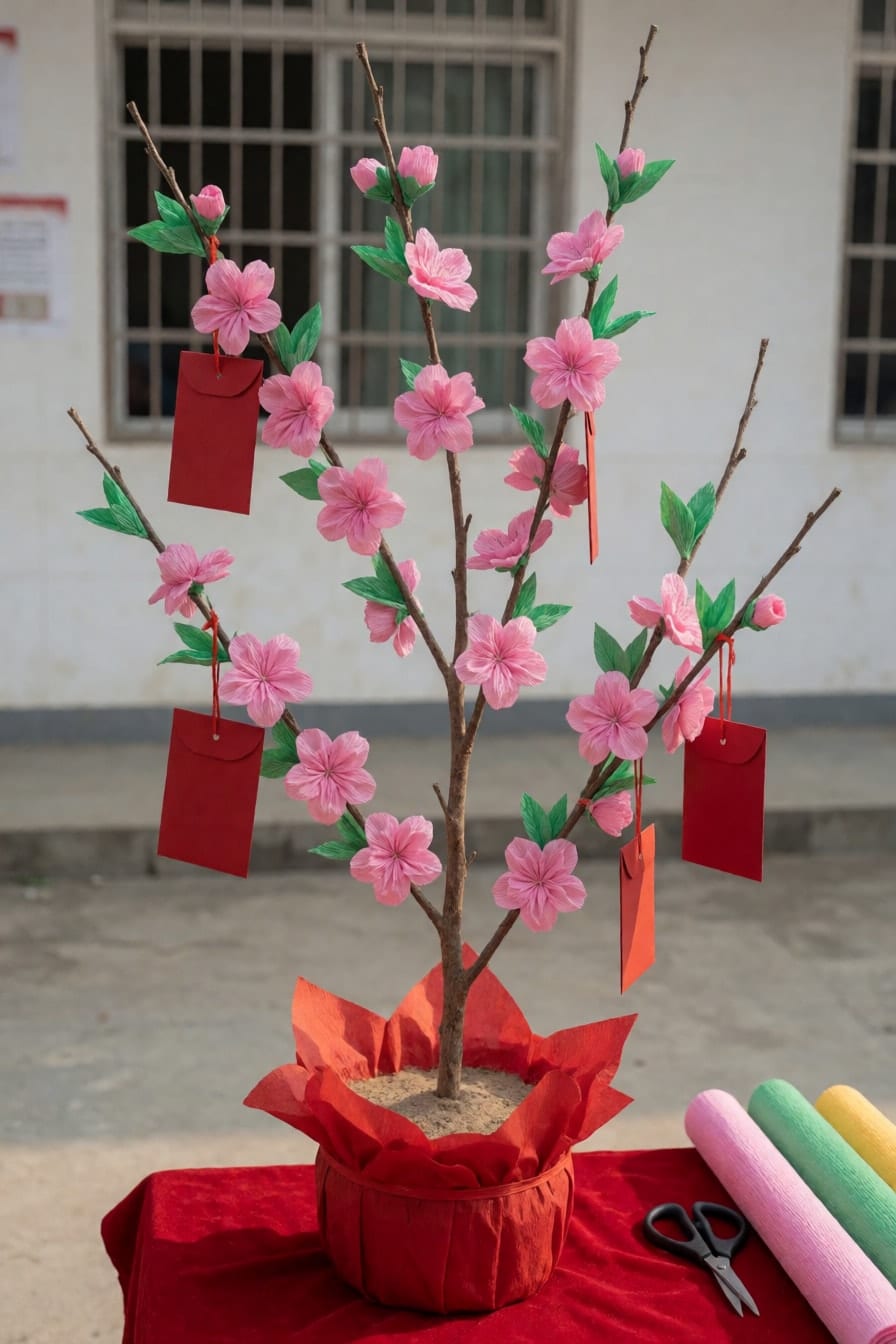 Cây đào tự làm từ cành khô cắm chậu cát bọc đỏ, phủ hoa giấy nhún hồng và lá giấy xanh, treo vài bao lì xì đỏ