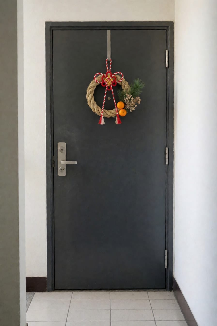 大樓走廊的深灰色鐵門上掛著手作稻草春飾,金黃稻草圈綁著紅白繩、中國結、乾燥花、松枝和兩顆小橘子