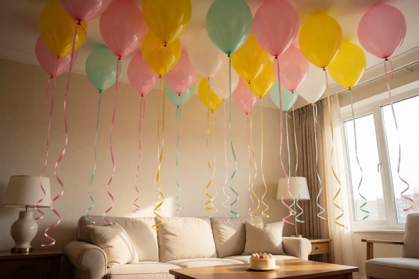 Kisame ng sala na puno ng lobong pink, dilaw, mint at puti na may mahabang kulot na ribbon sa itaas ng sofa at maliit na cake