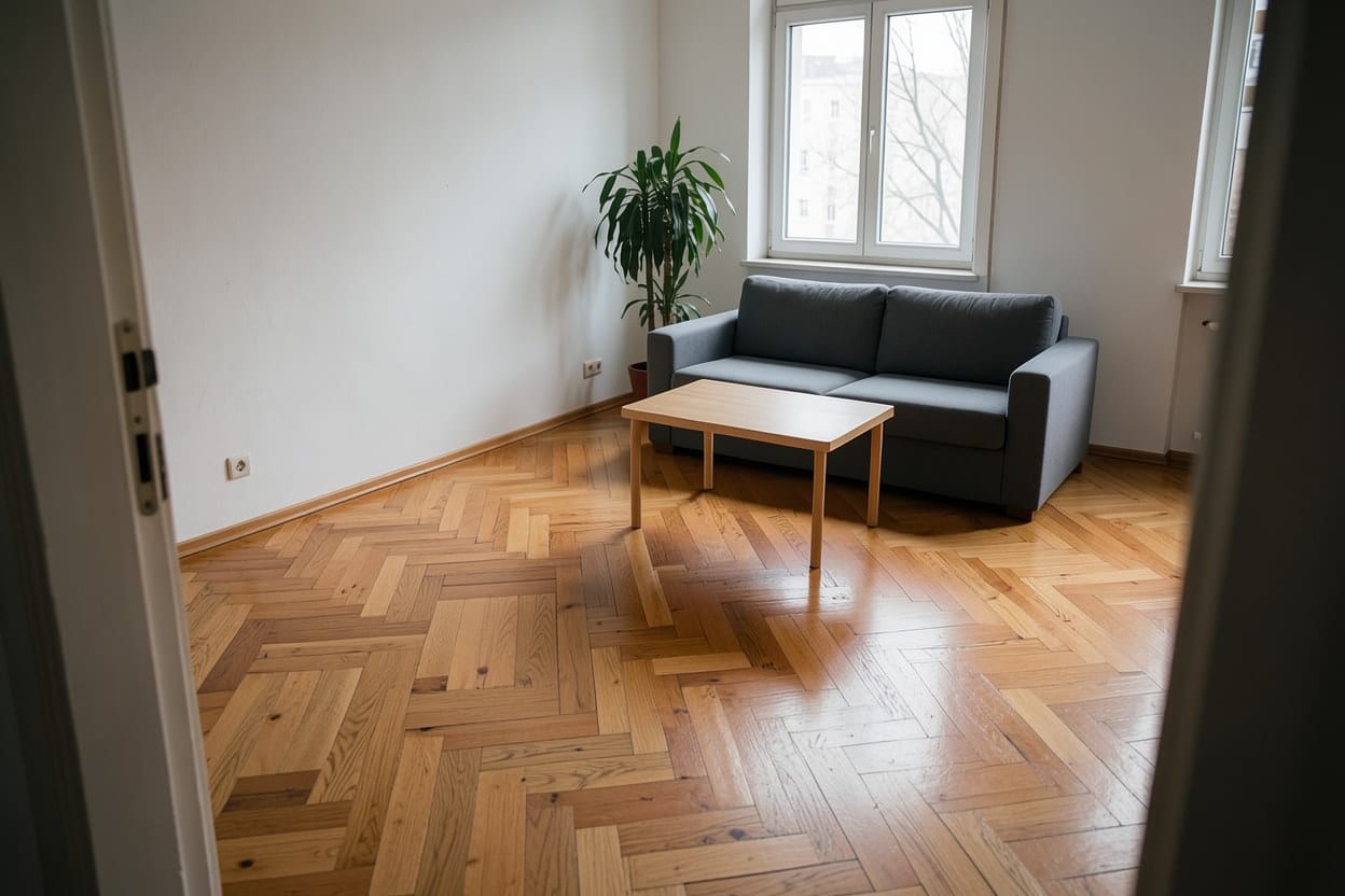 A living room in a rented Berlin flat, its worn pine laminate replaced with Herringbone.