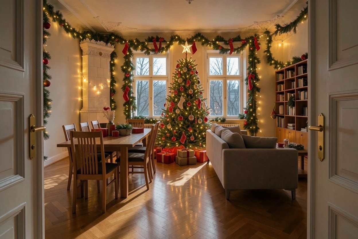 The large living and dining room of an old high-ceilinged flat with a tiled stove, decorated for Christmas.