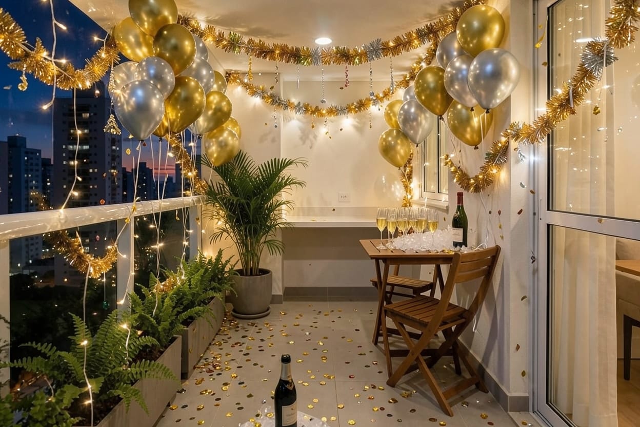 The balcony of a high-rise city apartment at dusk, decorated for New Year's Eve.