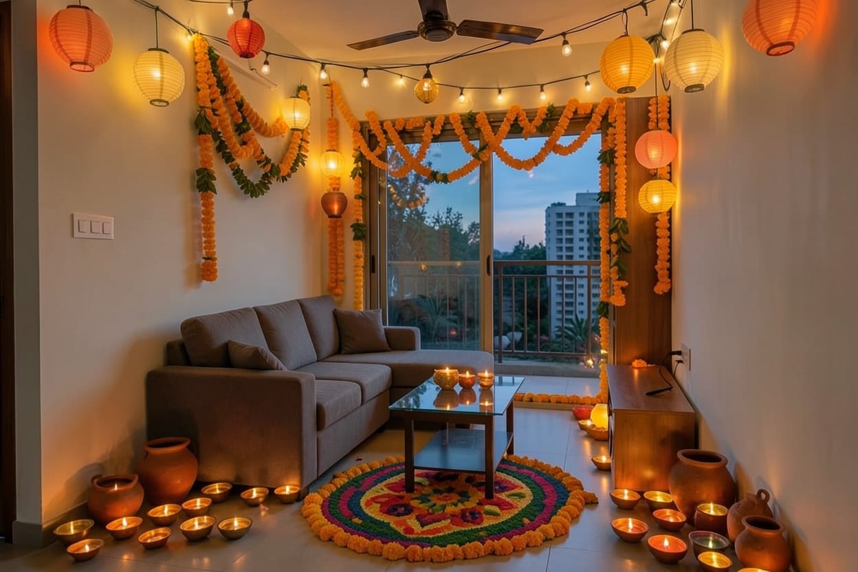 Ruang tamu sebuah apartmen di menara tinggi, dengan pintu ke balkoni, dihias untuk Deepavali.