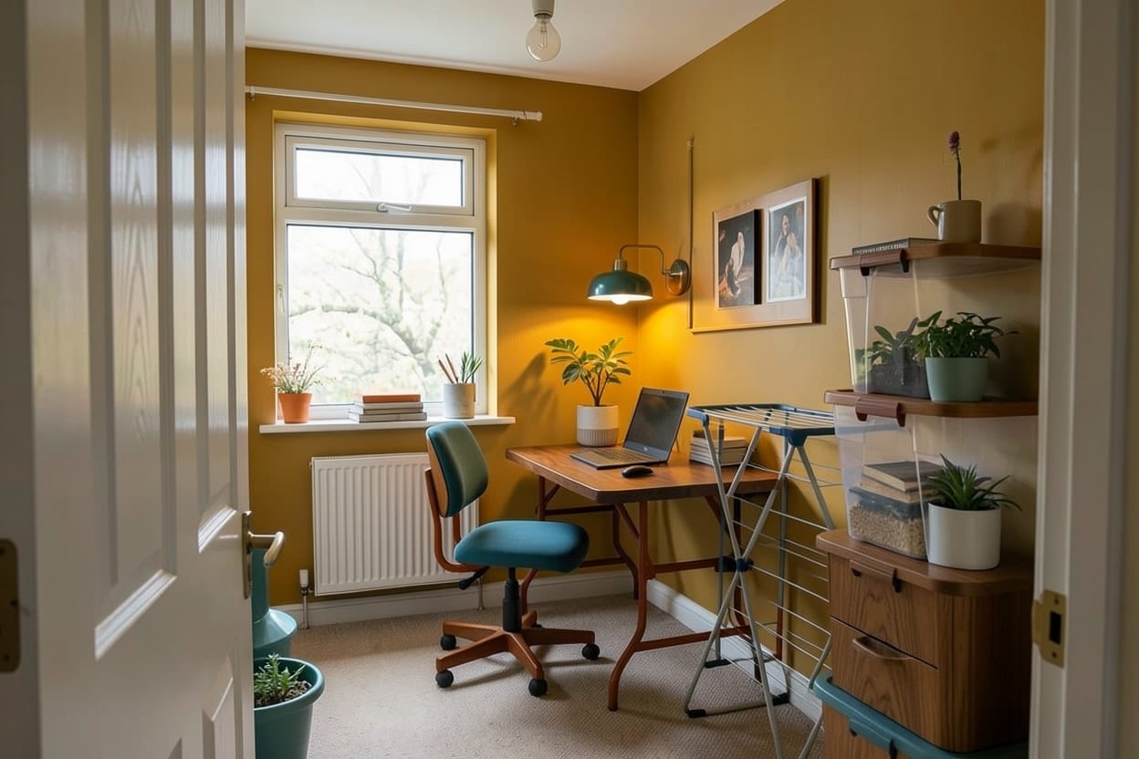 The same spare room as a mid-century home office with a walnut desk, a leather chair and a bookshelf