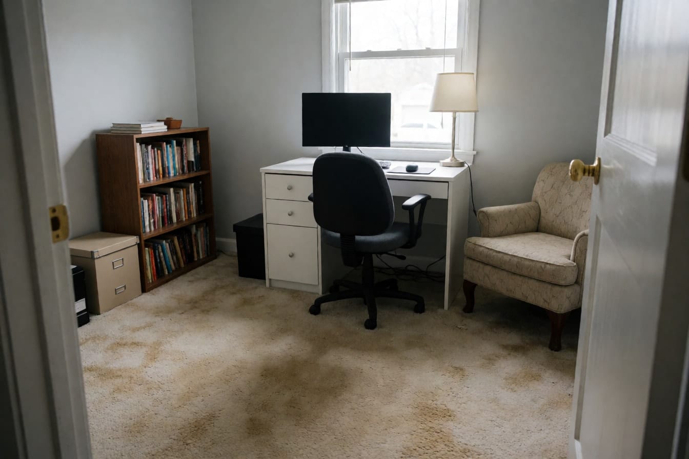 Despacho en casa con escritorio blanco y moqueta beige gastada