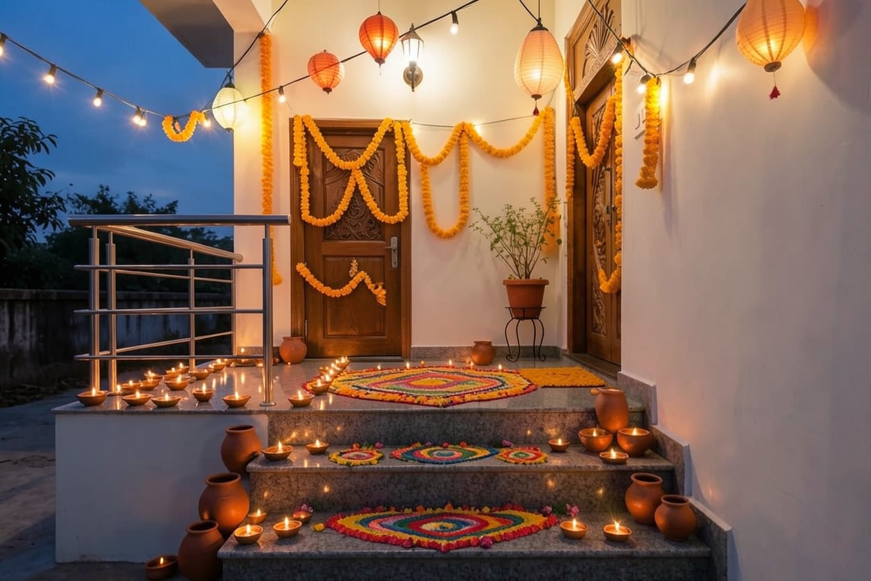 वही प्रवेश दिवाली पर सजा, सीढ़ियों पर दीये, दरवाज़े पर गेंदे का तोरण, रंगोली और रेलिंग पर झालर