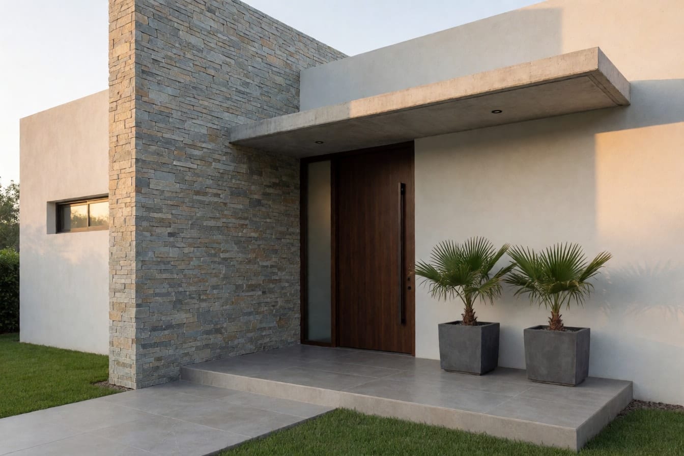 Pintu masuk rumah minimalis dengan satu dinding batu alam belah abu dan krem, pintu kayu gelap tinggi, kanopi beton tipis, dan dua pot palem