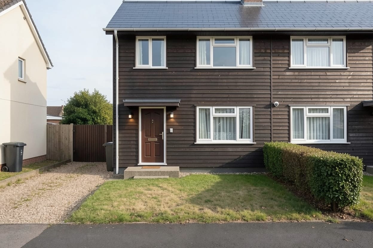 The same house in Scandinavian style, with light wood cladding, black window frames and new planting by the door