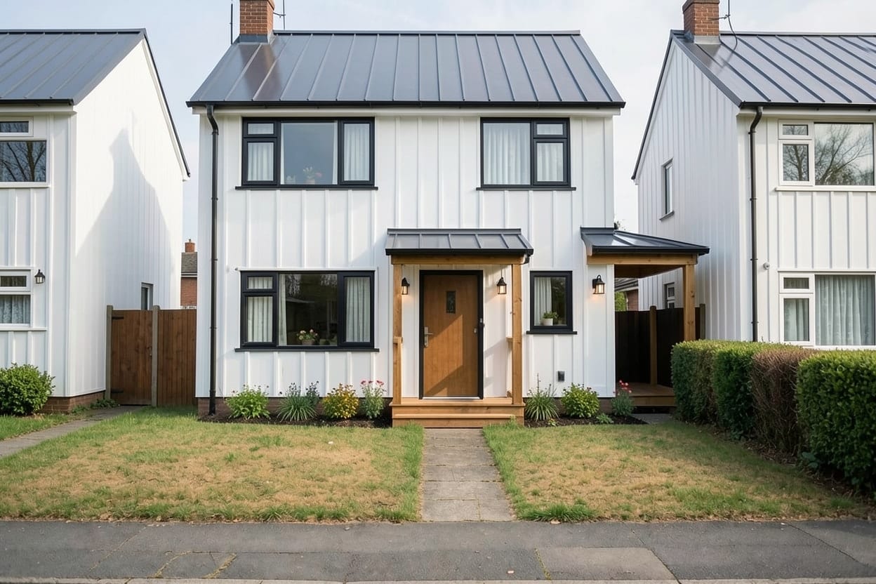 La misma casa con fachada de estilo granja moderna, revestimiento claro, ventanas enmarcadas en negro y puerta nueva