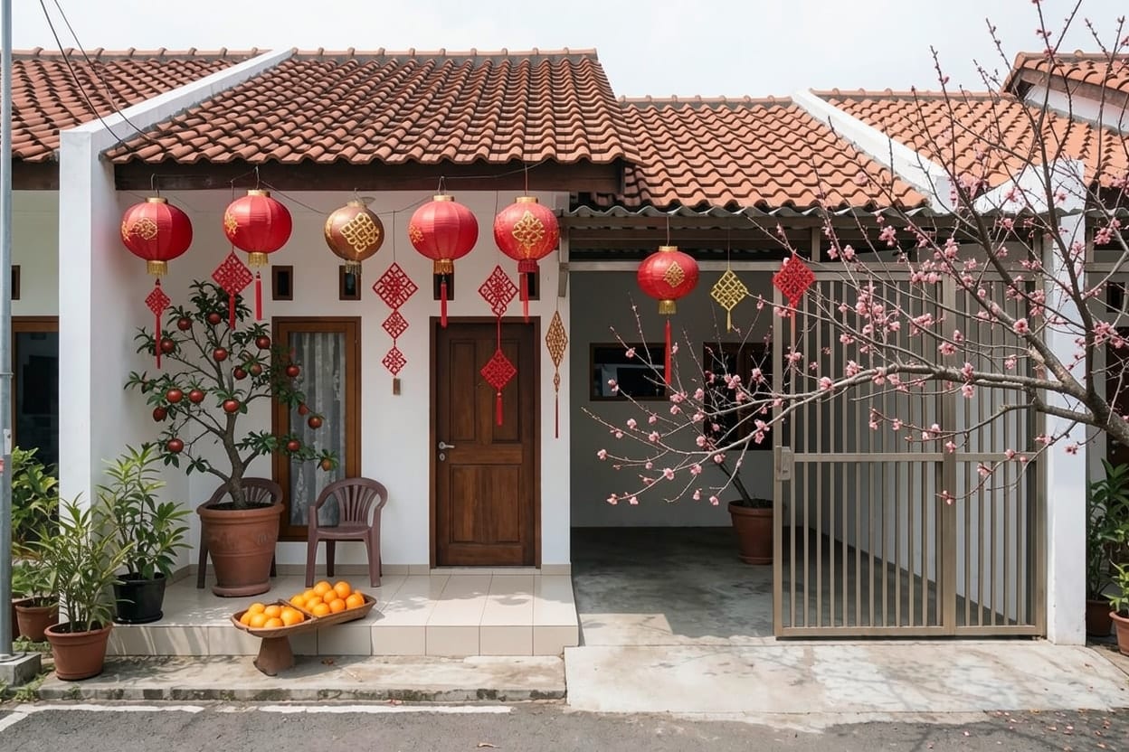 同一棟住家用農曆新年主題布置後,屋簷下掛著紅燈籠,大門兩側擺著金桔盆栽