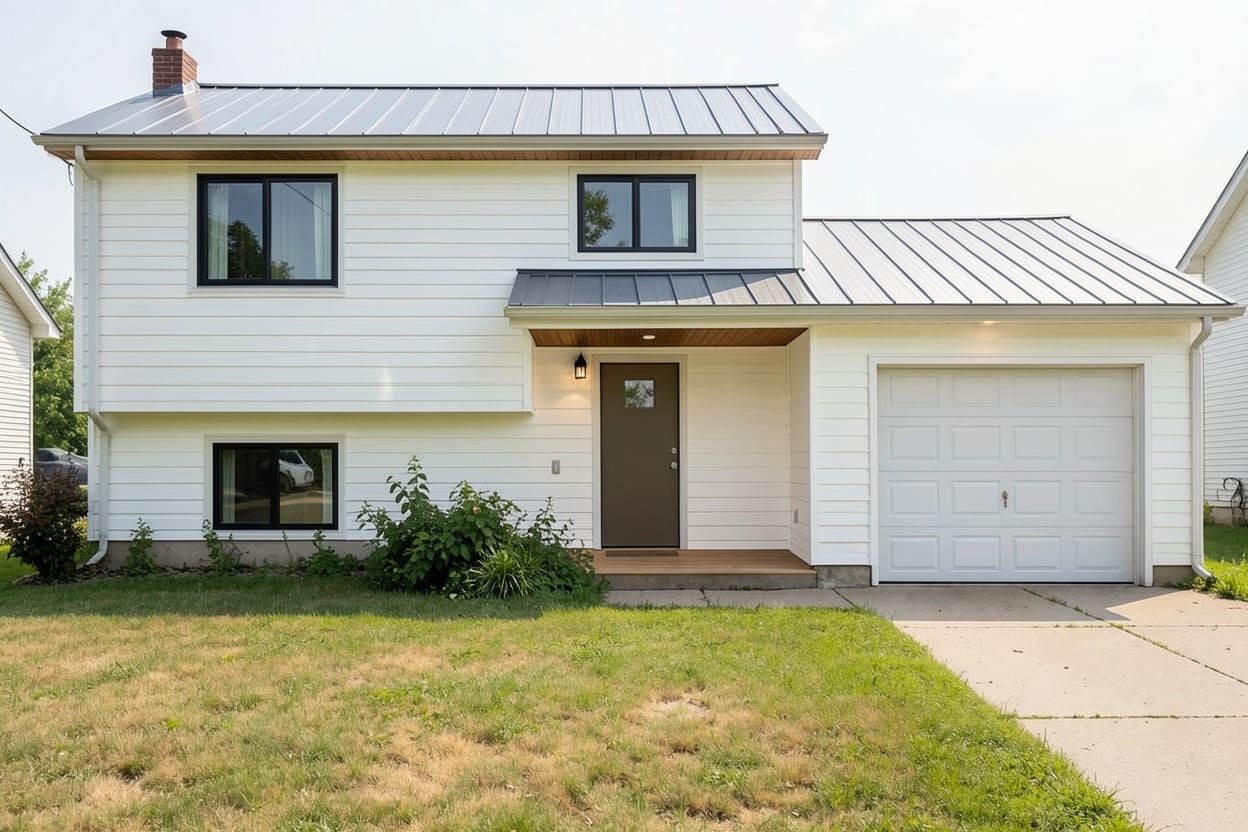The same house front in a modern farmhouse look in warm whites, its shape and roofline unchanged