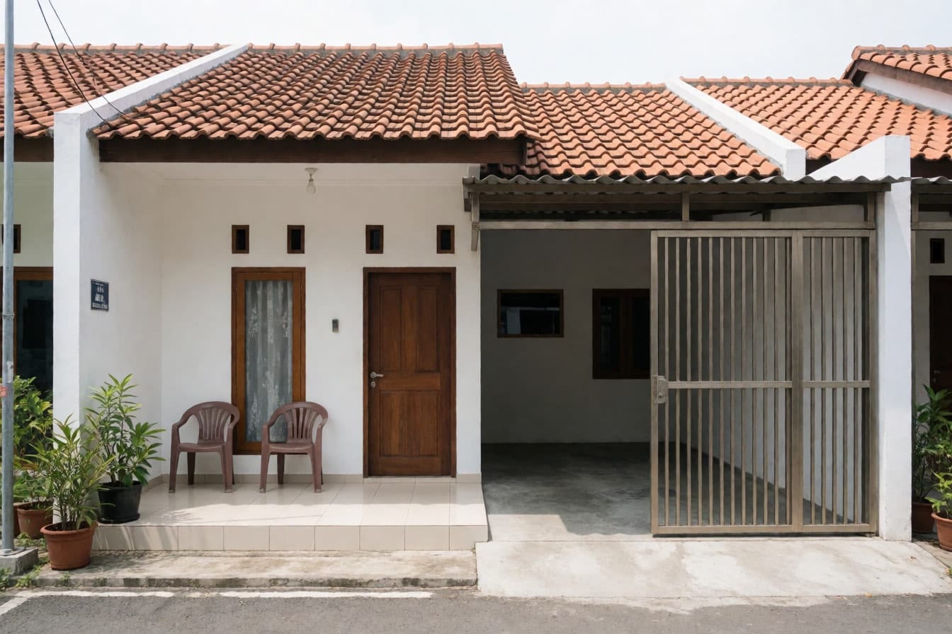 布置前的單層住家正面,有磁磚前廊、兩張塑膠椅、木門和裝著滑動鐵門的車棚
