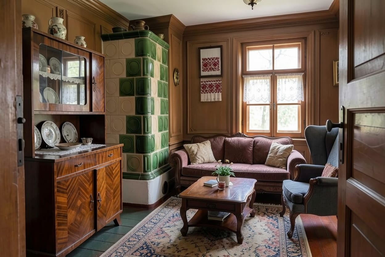 Aceeași cameră în stil clasic, cu soba de teracotă păstrată în colț, mobilier elegant și perdele noi
