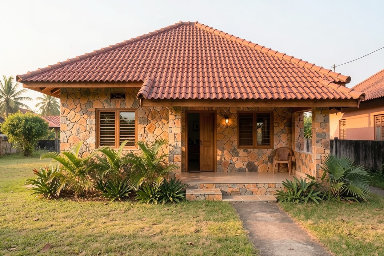 Rumah yang sama bergaya tropis modern dengan tritisan lebar, kisi kayu, dinding warna tanah, dan tanaman hijau di depan