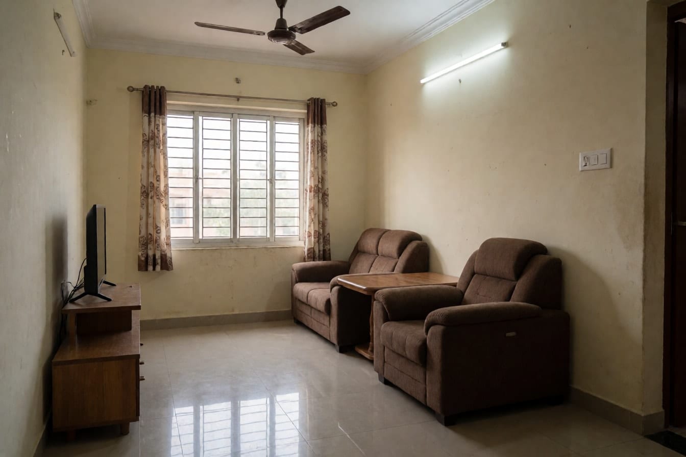 2BHK फ़्लैट का साधारण हॉल: भूरा सोफ़ा सेट, सेंटर टेबल, लकड़ी की टीवी यूनिट और ग्रिल वाली खिड़की पर छपे पर्दे