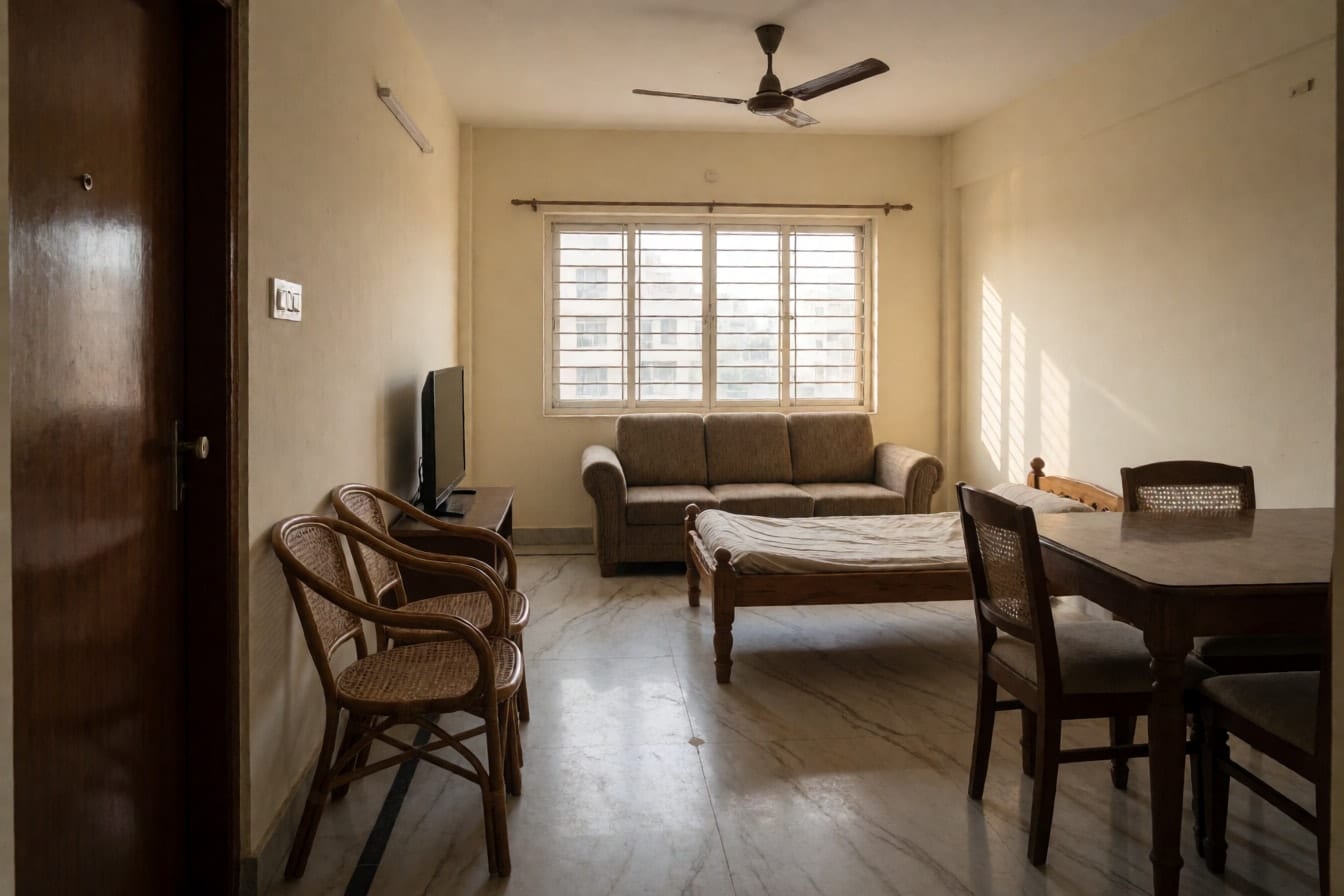 उलझे लेआउट वाला हॉल, सोफ़ा खिड़की से सटा और टीवी की ओर पीठ, बीच में दीवान, दरवाज़े के पास दो बेंत की कुर्सियां