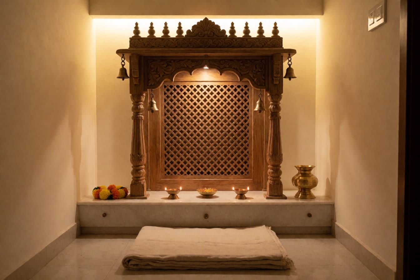 हॉल में बना पूजा का कोना, जाली वाला सागौन का मंदिर, पीतल के दीये, कलश, गेंदे की माला और ऊपर से गर्म रोशनी