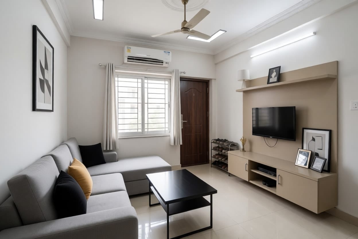 2BHK फ़्लैट का हॉल मॉडर्न स्टाइल में, न्यूट्रल रंग, साफ़ लाइनों वाला फ़र्नीचर, सादी टीवी वॉल और नई रोशनी