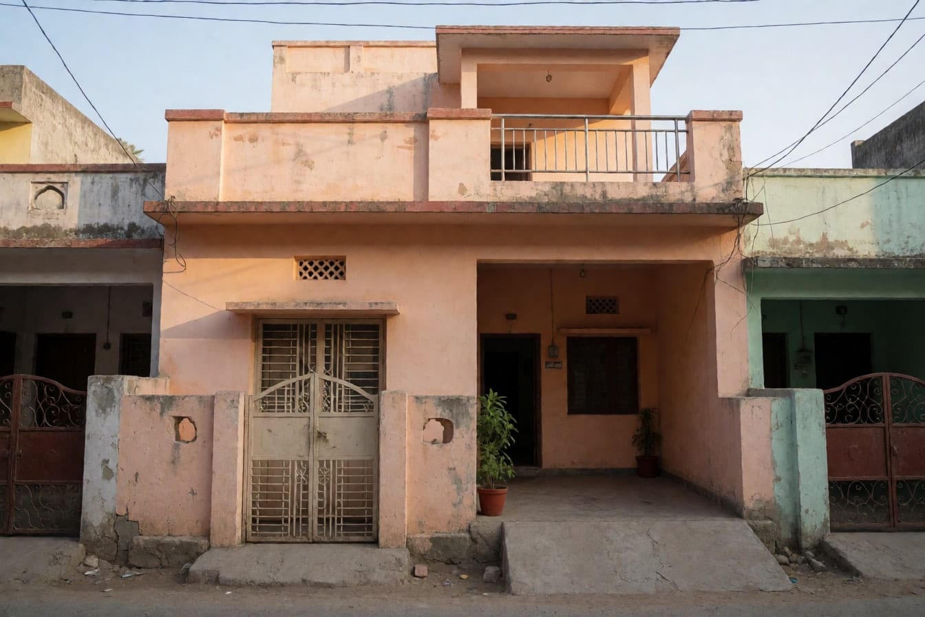 कस्बे का दो मंज़िला मकान, फीकी आड़ू रंग की प्लास्टर वाली दीवारें, स्टील की रेलिंग वाली बालकनी और ग्रिल वाला गेट