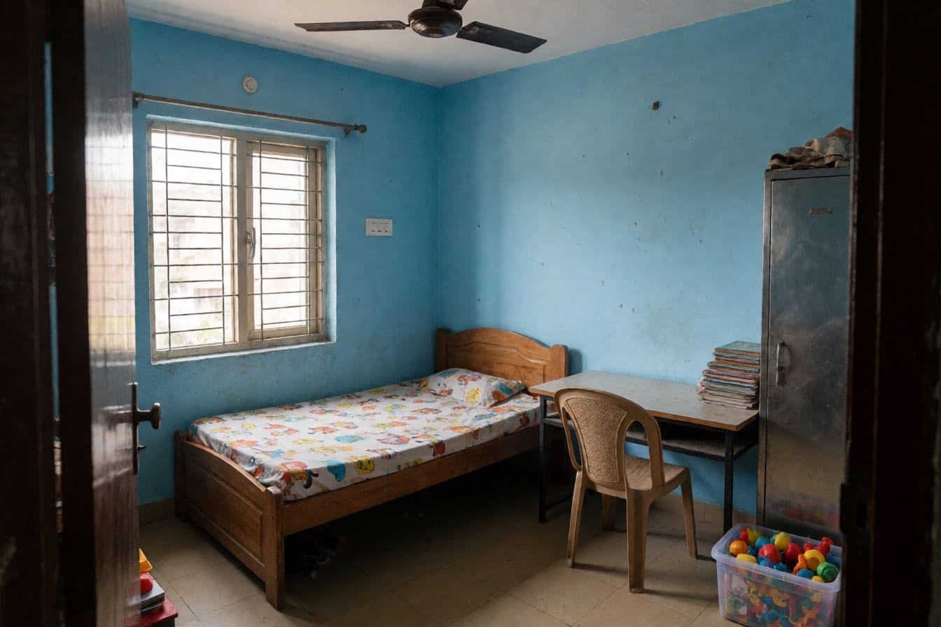 बच्चों का छोटा कमरा, आसमानी नीली दीवारें, पढ़ाई की टेबल पर किताबें, प्लास्टिक की कुर्सी और खिलौनों का डिब्बा