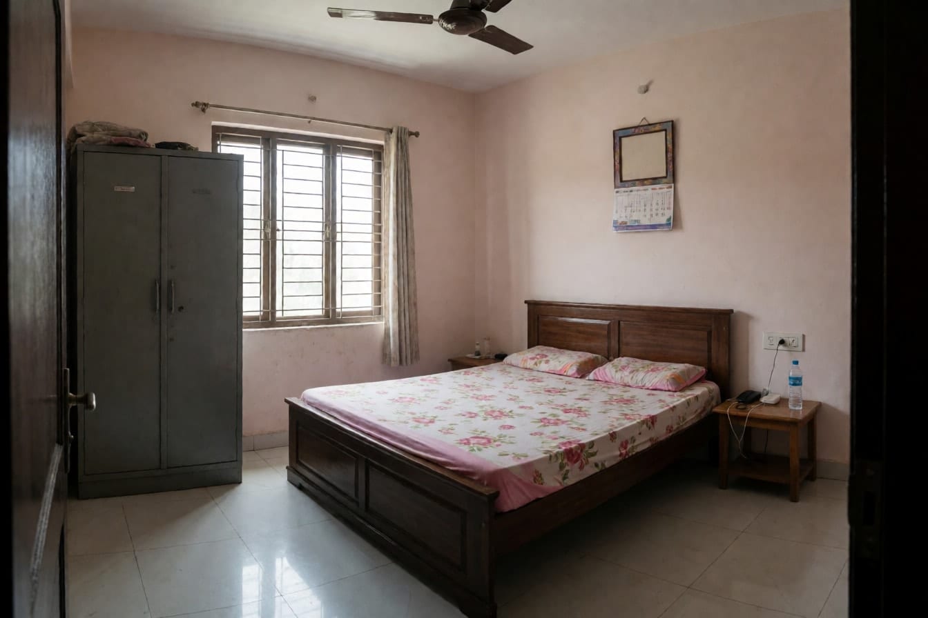 किराए के फ़्लैट का बेडरूम, गहरे रंग का बॉक्स बेड, फूलदार चादर, ग्रे स्टील की अलमारी और हल्की गुलाबी दीवारें
