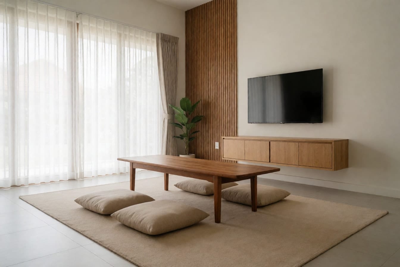 Ruang keluarga lesehan minimalis dengan karpet krem, bantal duduk, meja jati rendah, dan dinding aksen kisi kayu