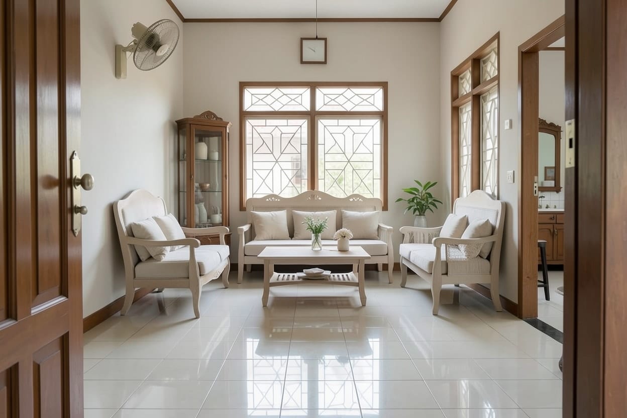 Ruang tamu rumah dengan set kursi ukir bercat krem, bantal putih, meja rendah, jendela berteralis kayu, dan lantai keramik mengilap
