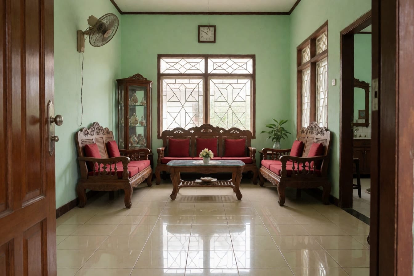 Ruang tamu formal dengan sofa ukir jati, bantal merah, dan lemari pajangan penuh hiasan