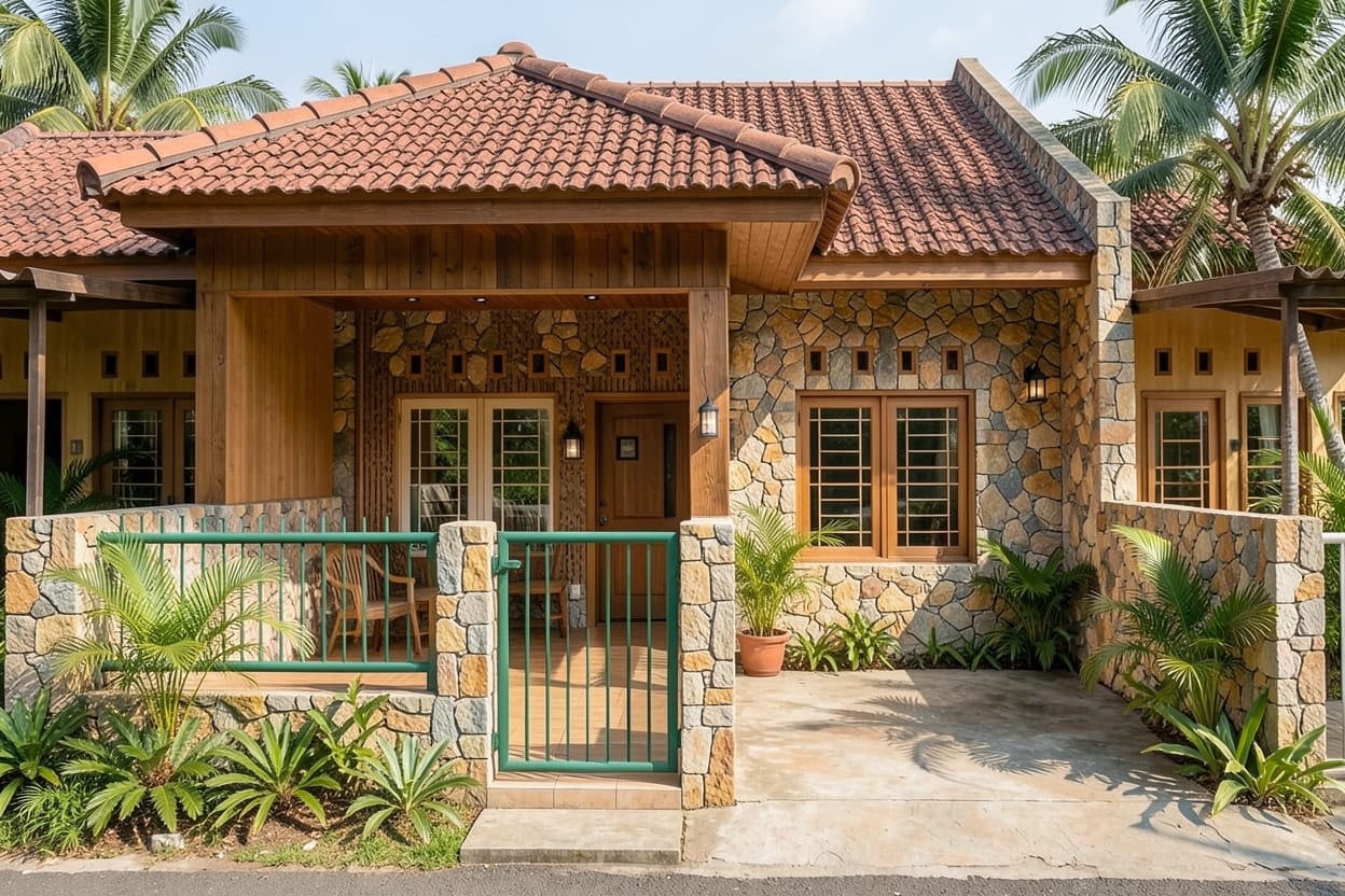 Rumah yang sama dengan fasad bergaya tropis, bentuk bangunan dan atap tetap, material dan tanaman depan baru