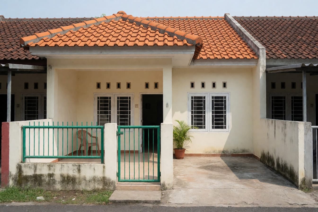 Rumah satu lantai di perumahan dengan dinding krem bernoda lembap, atap genteng oranye, teras keramik, dan pagar besi hijau