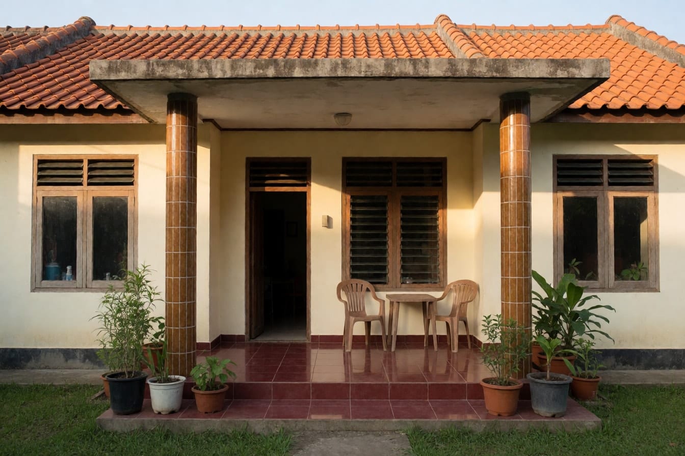 Rumah satu lantai dengan teras terbuka, dua tiang bulat berkeramik cokelat, lantai merah marun, dan kursi plastik