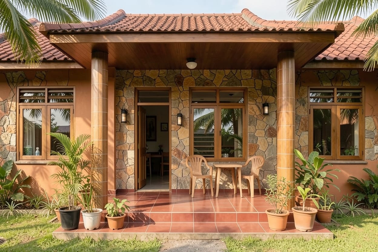 Rumah yang sama dengan teras tropis minimalis, tiang kotak ramping, atap teras bertritisan lebar, dan plafon kayu