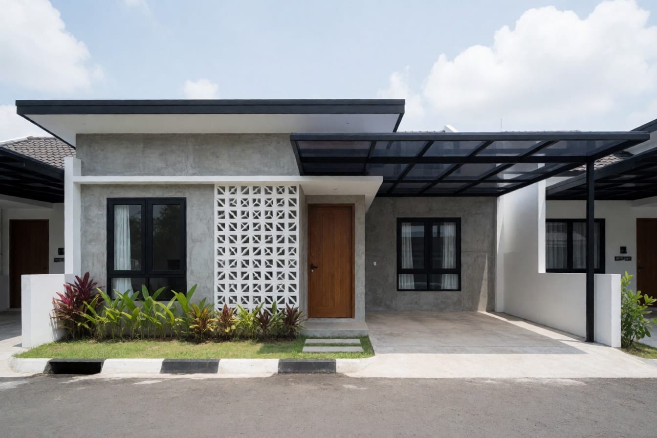 Rumah satu lantai bergaya industrial minimalis dengan dinding semen ekspos, kusen besi hitam, roster putih, dan carport