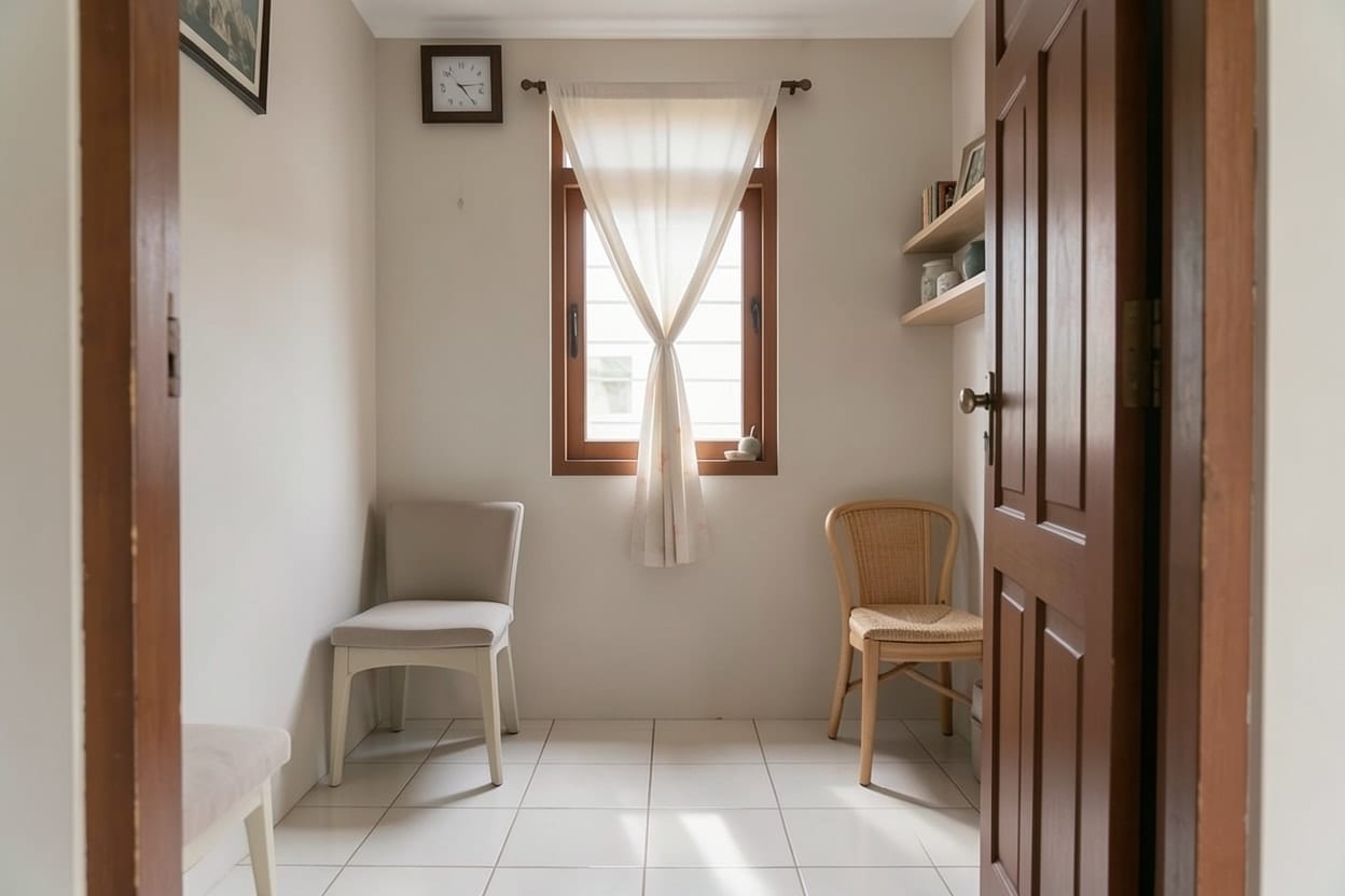 Mushola rumah yang sama dalam gaya minimalis dengan dinding polos terang, lantai lapang, dan lemari dinding tertutup