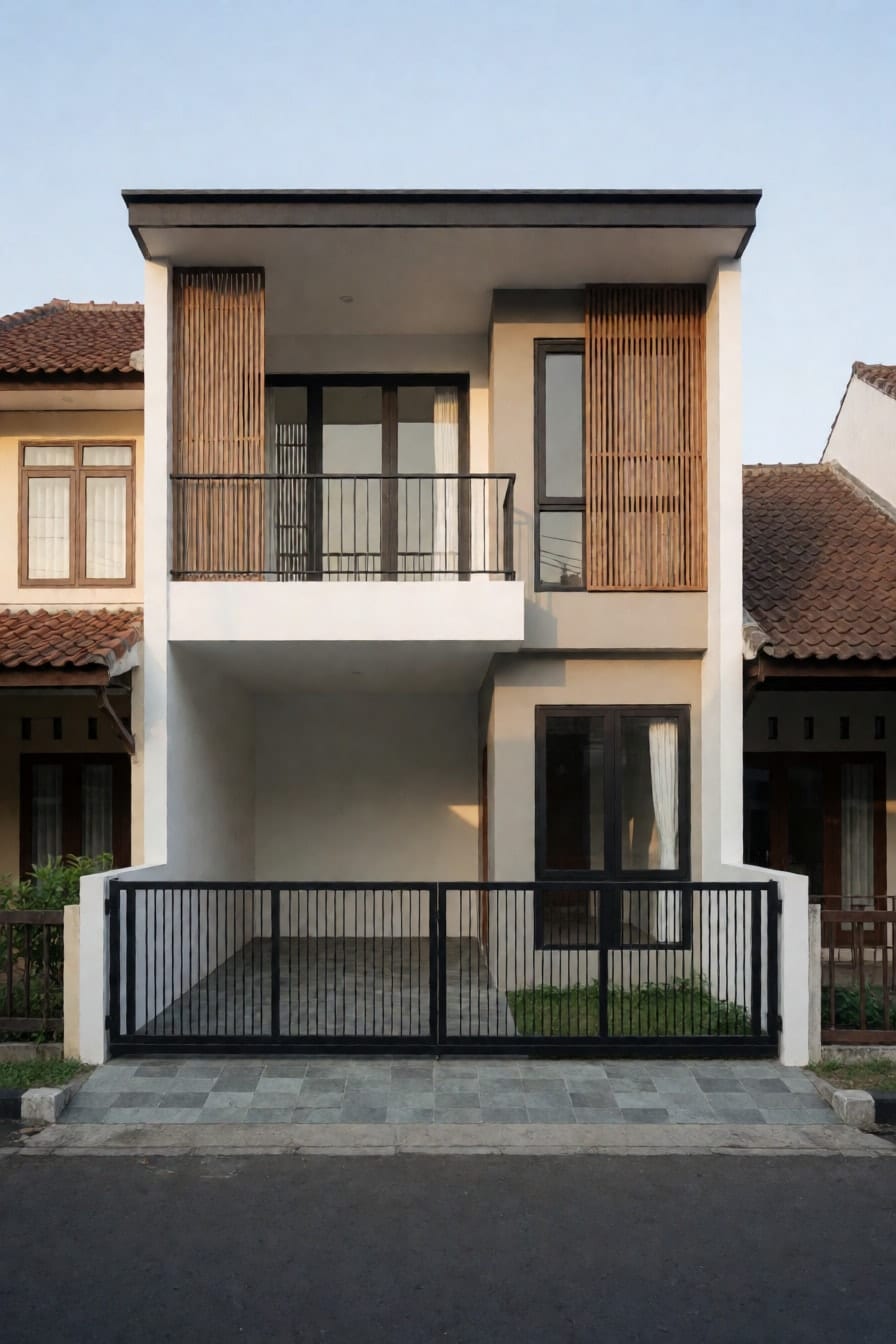 Rumah minimalis dua lantai yang ramping dengan dinding putih dan abu-abu, balkon berailing hitam, dan kisi kayu vertikal